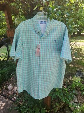 World Wide Sportsman Offshore Plaid Short Sleeve Shirt Mint Green Blue Men's XL